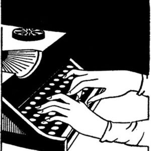 Vintage print of delicate hands typing at typewriter